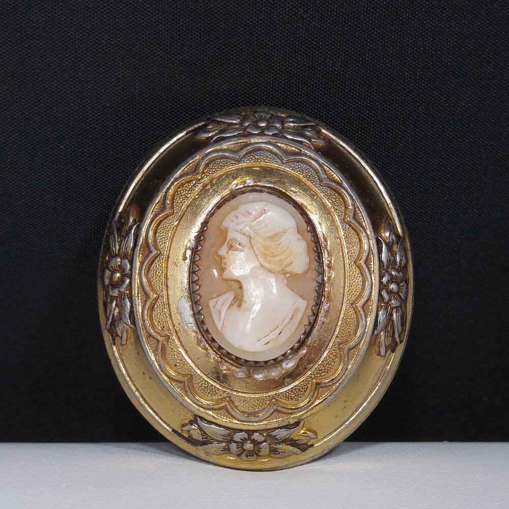 Coro Shell Carved Cameo Brooch, Gold Over Silver, 1950s Vintage Jewelry
